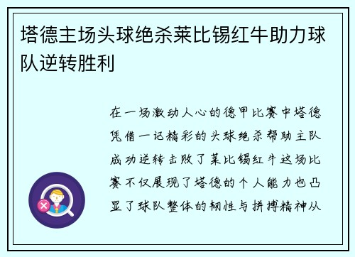 塔德主场头球绝杀莱比锡红牛助力球队逆转胜利