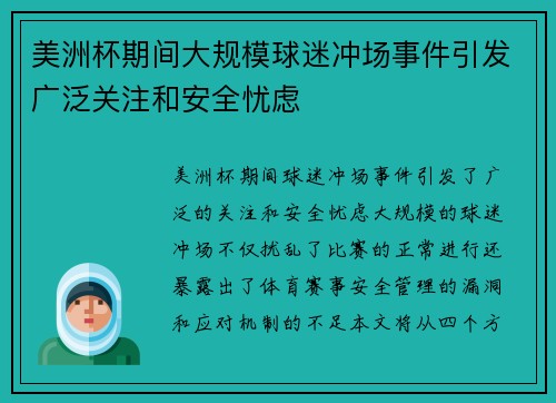 美洲杯期间大规模球迷冲场事件引发广泛关注和安全忧虑